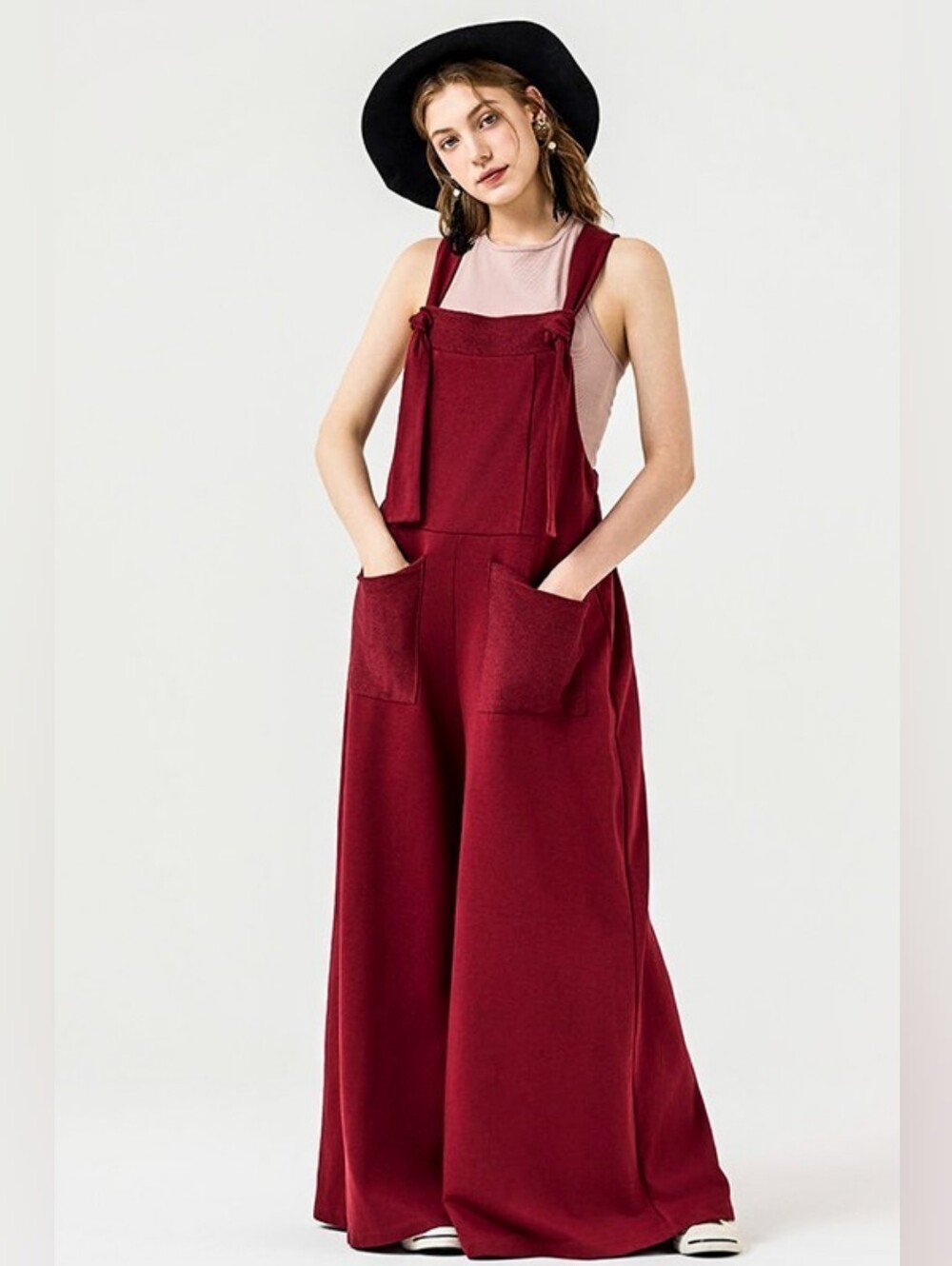 A1-0612 Slouchy Overall Wide Leg Jumpsuit Casual Boho Jumpsuit- Burgundy